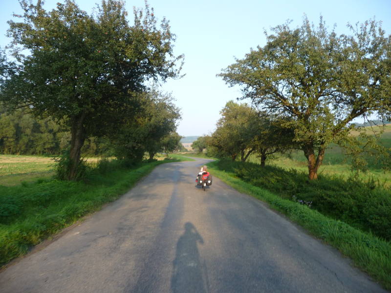 Wieder kleines Fahrrad auf kleiner Straße zwischen spätsommerlichen Bäumen